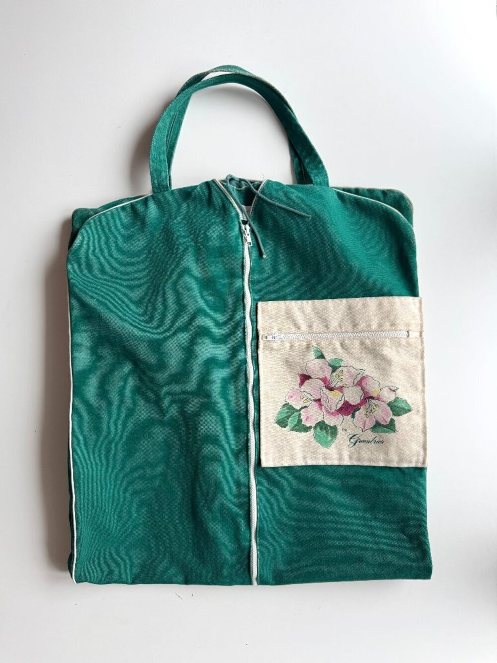 Vintage THE GREENBRIER Green Floral Cotton Canvas Zippered Garment Bag
